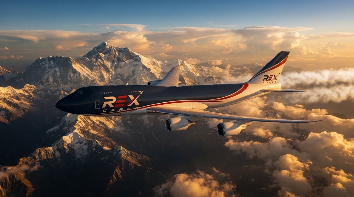 Rex Cargo freighter flying above the mountains