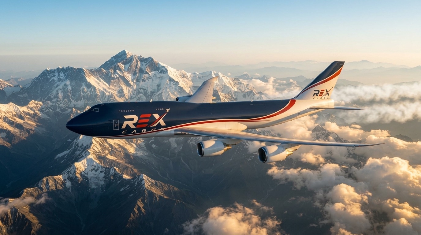 Rex Cargo freighter banking over the Himalaya
